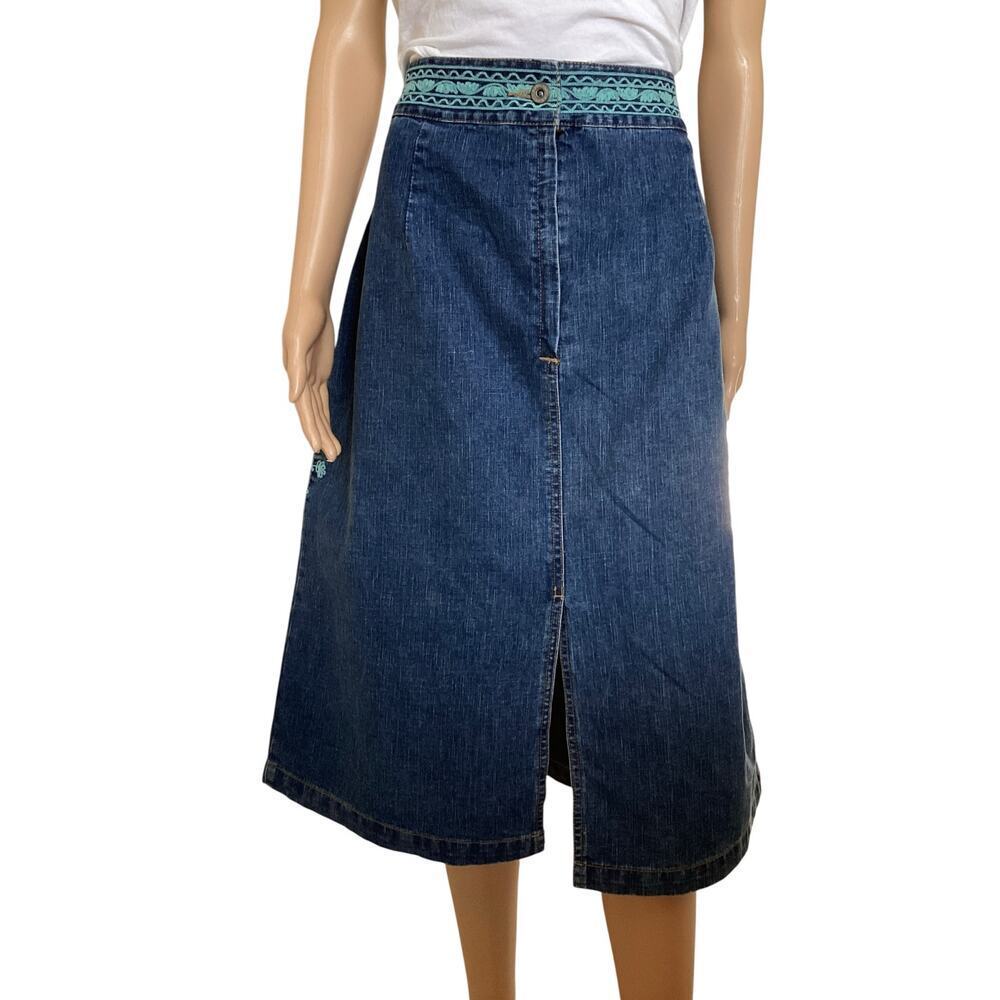 Ashley Stewart blue denim skirt teal embroidered slit front and back sz 16